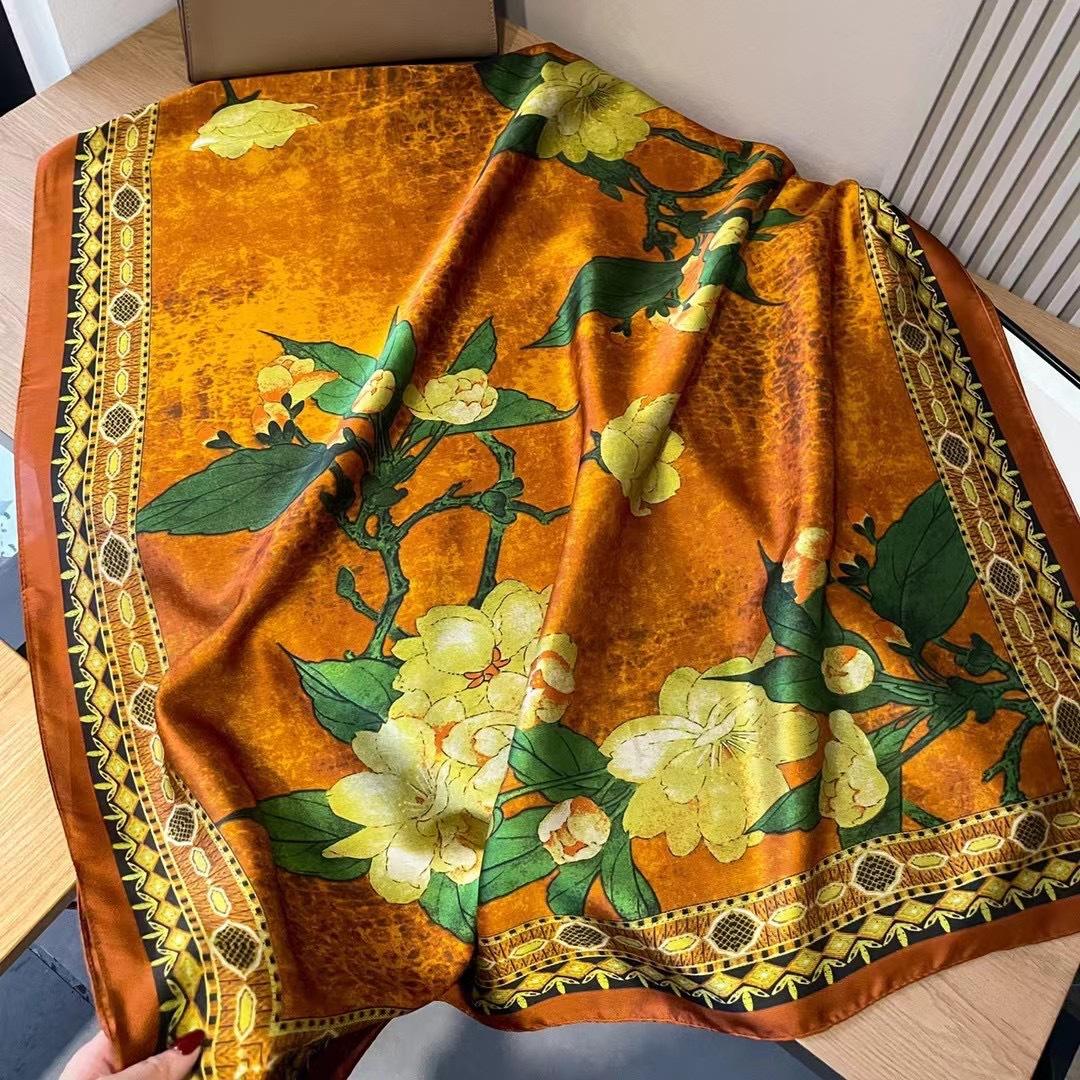 

Длинный шелковый шарф для женщин на весну и лето, тонкий стиль с напечатанным ароматом, атласная шаль с кондиционером, ретро-шарф из искусственного шелка 180x90cm