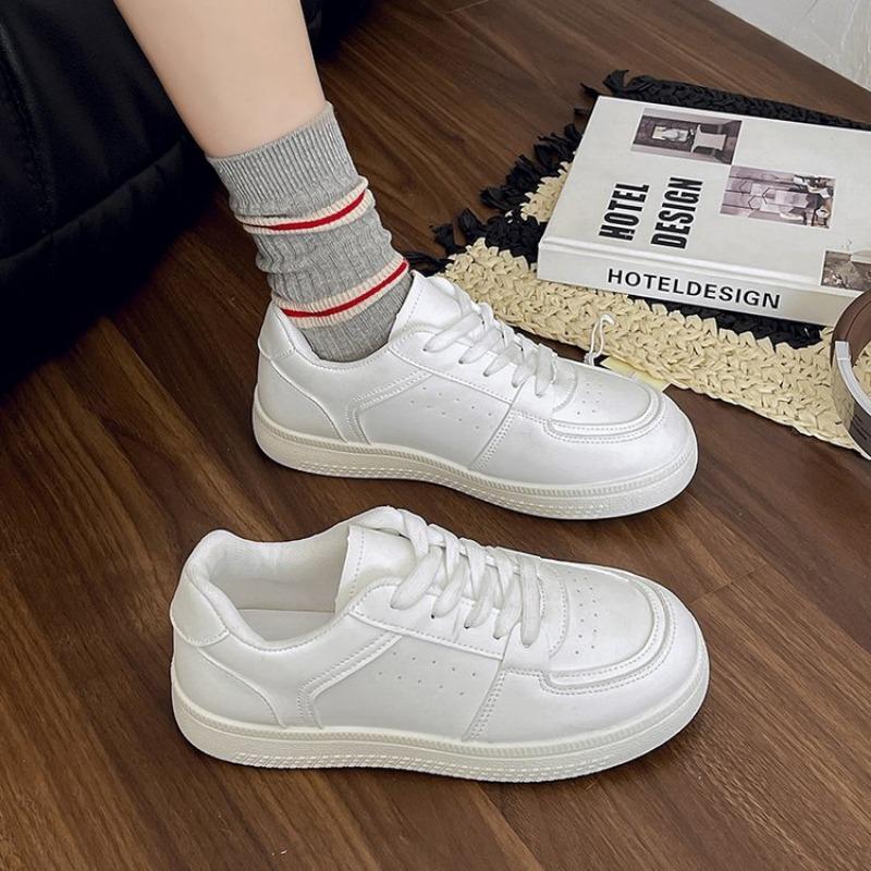 Fashion 2025 Spring Women's Outdoor Sports Shoes Solid Color White Shoes Faux Leather Lace-Up Shoes Athletic Sneakers For Casual Activit