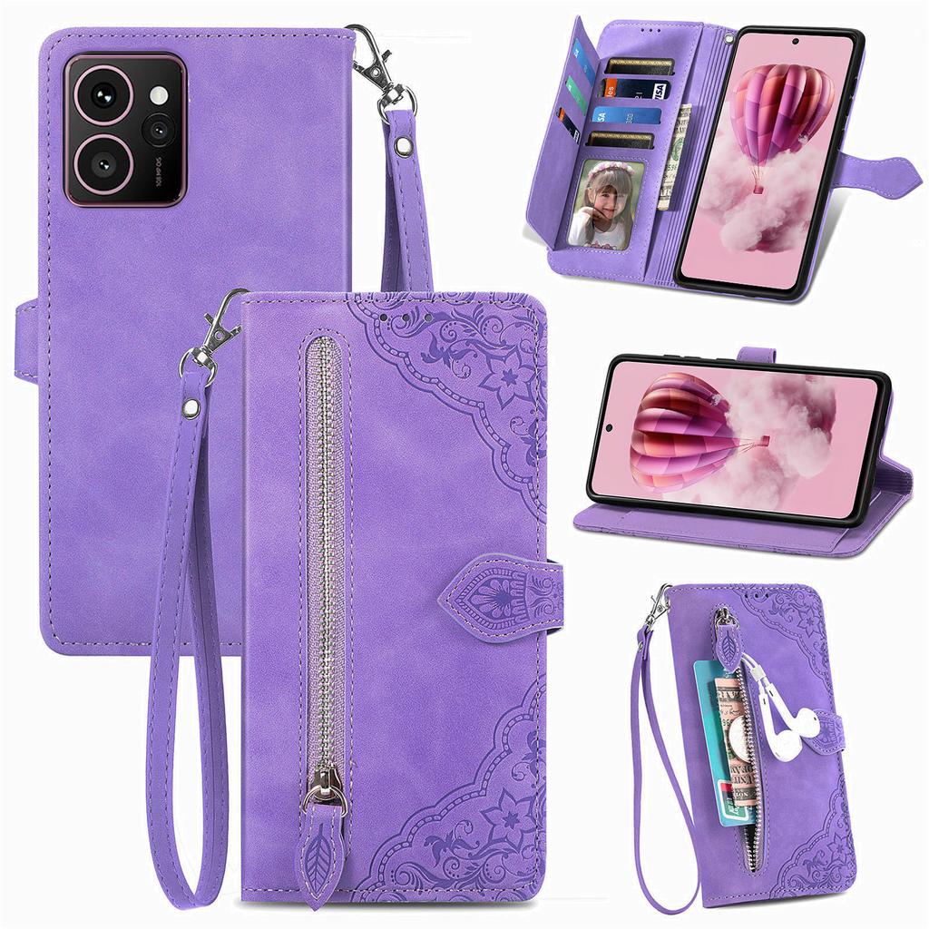 For HMD Skyline Zipper Wallet Case with Strap Flower Imprint PU Leather Phone Cover