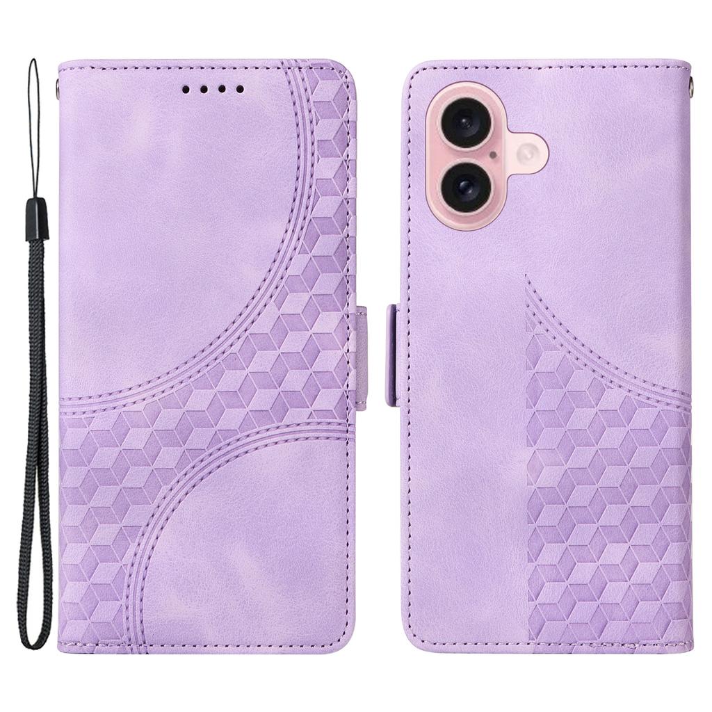 For iPhone 16 Leather Cases Wallet Rhombus Imprinted Phone Cover Stand with Strap
