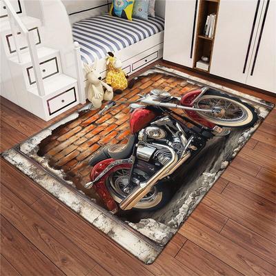 3D Retro Motorcycle Breakthrough Illusion Area Rug Non Slip Mat for Bedroom Man Cave Garage Entryway Porch Game Room Home Decor