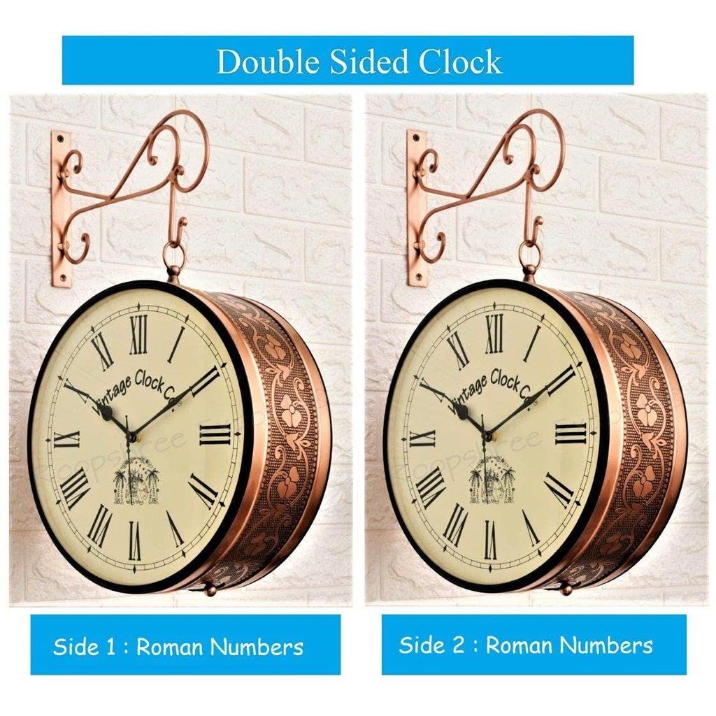 (12 INCH - Two Side Roman Numbers) Vintage Clock Handcrafted Double Side Clock , Rose Gold Finish, Floral Design, Iron