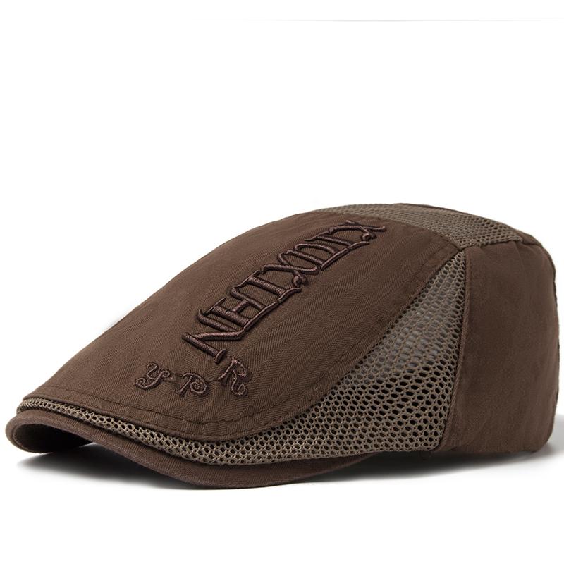 Летний берет для мужчин, вышивка букв, сетчатая кепка, хлопковый мягкий верх, солнцезащитный козырек, винтажные береты, повседневная однотонная мужская кепка кофейный