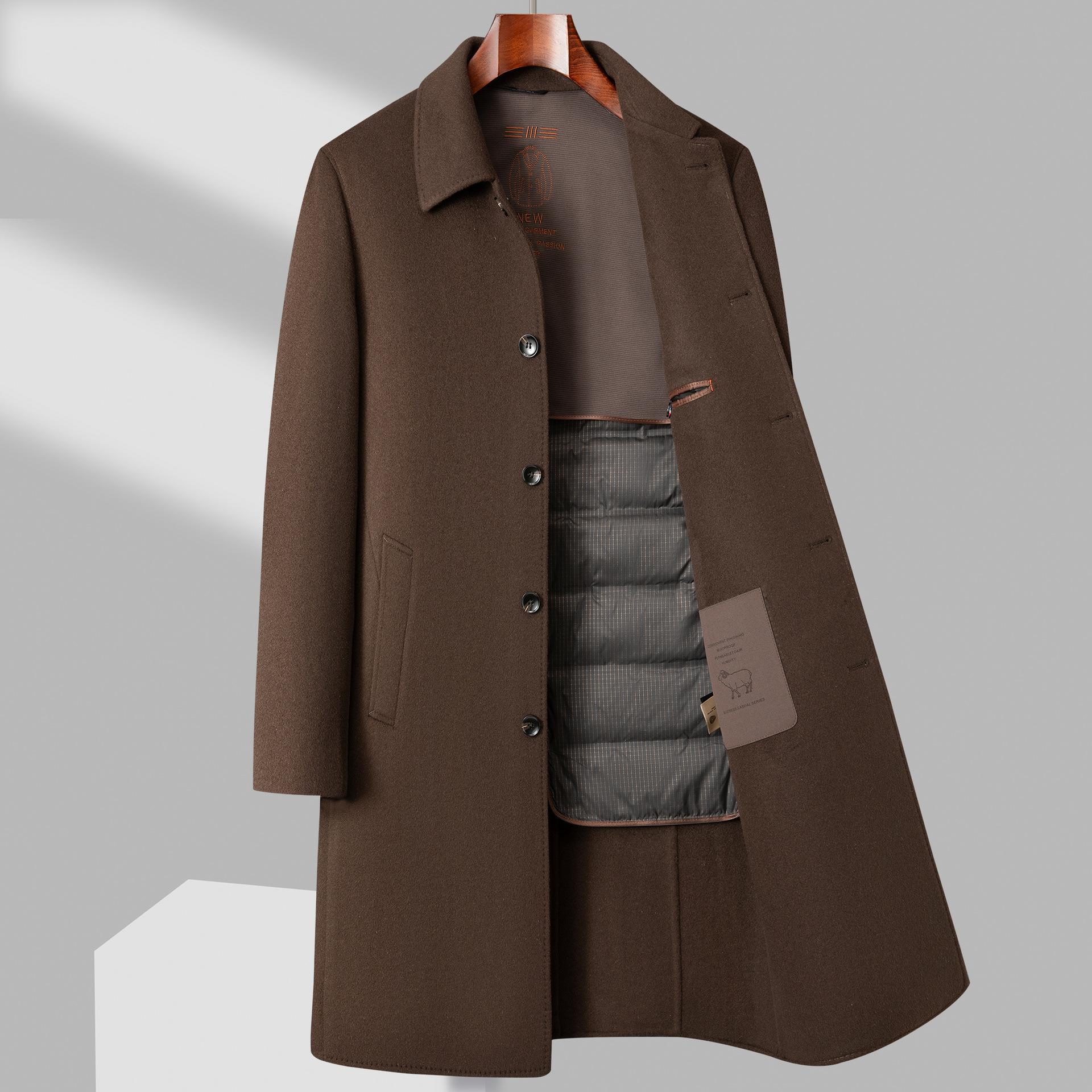 

Шерстяное двухстороннее шерстяное пальто, мужское пальто-тренч с отворотом, зимнее новое длинное шерстяное пальто с пуховой подкладкой 195