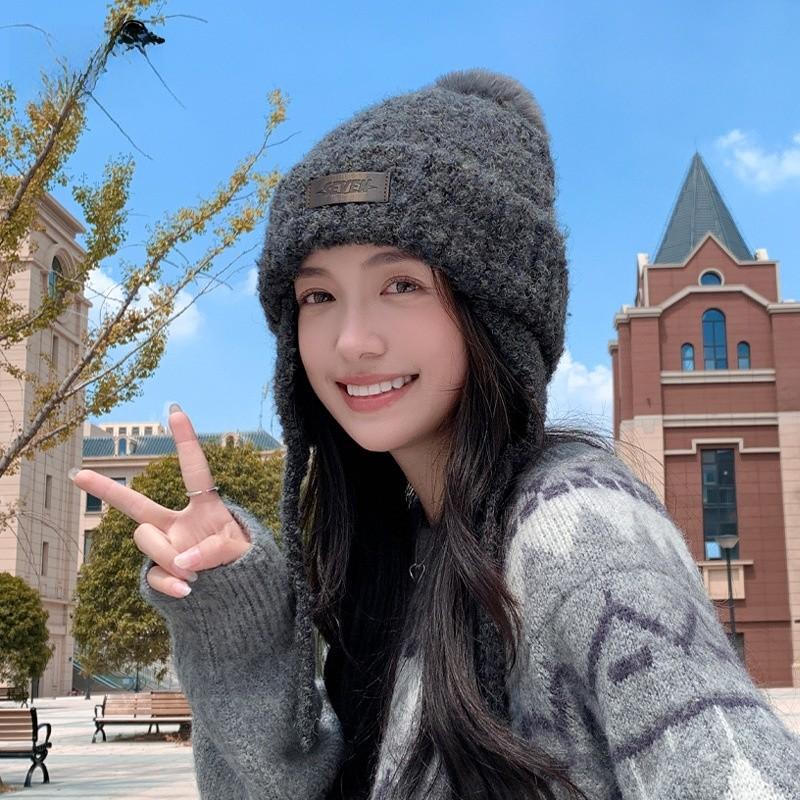 Autumn Winter Knitted Hat With Earmuffs For Women Breathable Warmth Casual Style