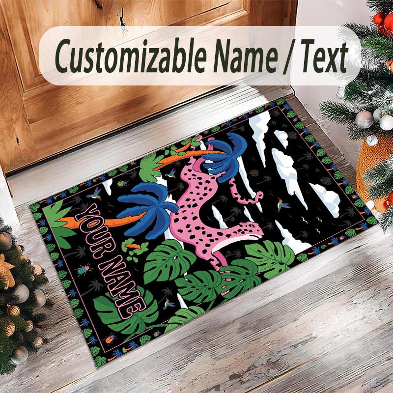 Leopard Theme Crystal Velvet Floor Rug Personalized Custom Name Text Warm Carpet Home Decoration