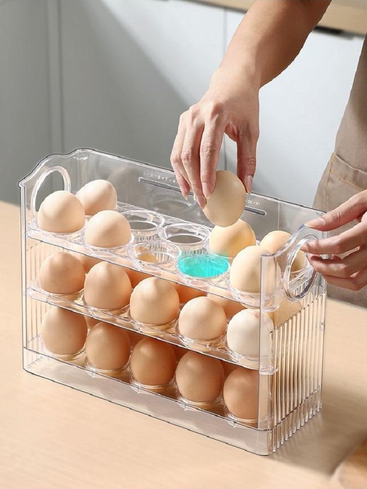 Space-Saver Auto-Flip Egg Box Freshness Assured Refrigerator Door Egg Holder Kitchen Organizer Kitchen Large Capacity Egg Fridge