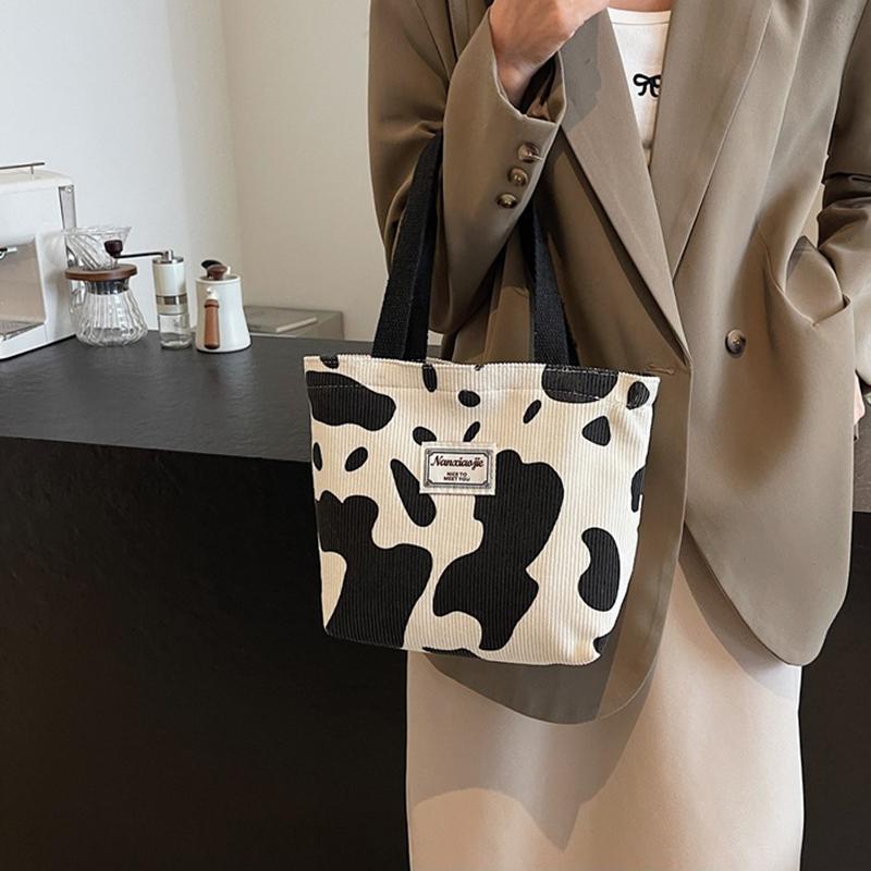 Fashion Large Capacity Cow Print Corduroy Tote Bag for Women Reusable Cute Commuter Shoulder Bag with Zipper, Foldable Shopping Bag