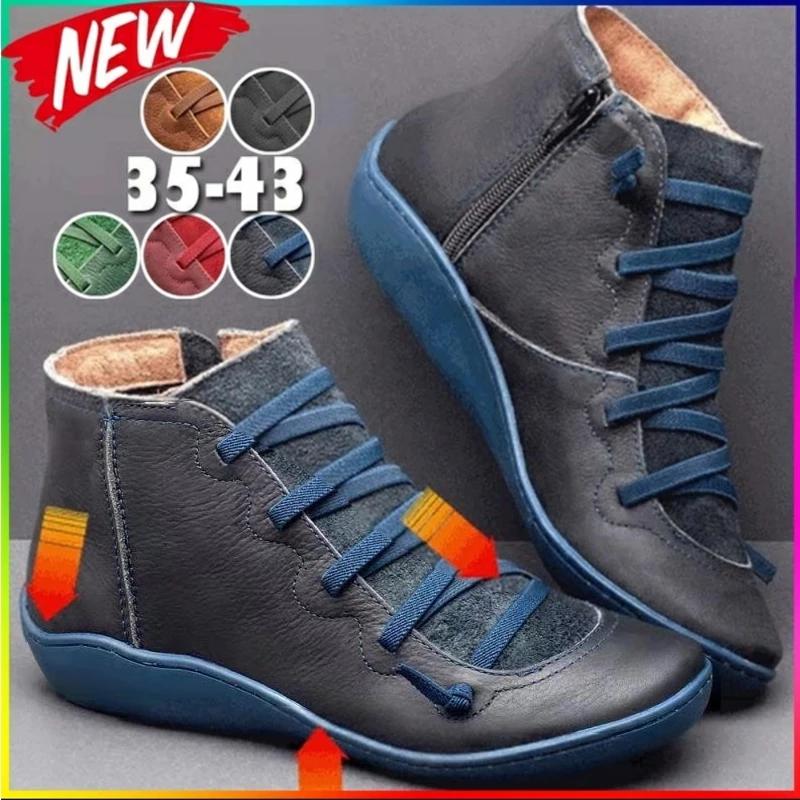 

Women Winter Vintage Boots Women Leather Punk Cross Strappy Ankle Boots Outdoor Walking Flats Ladies Shoes Woman Botas Mujer New