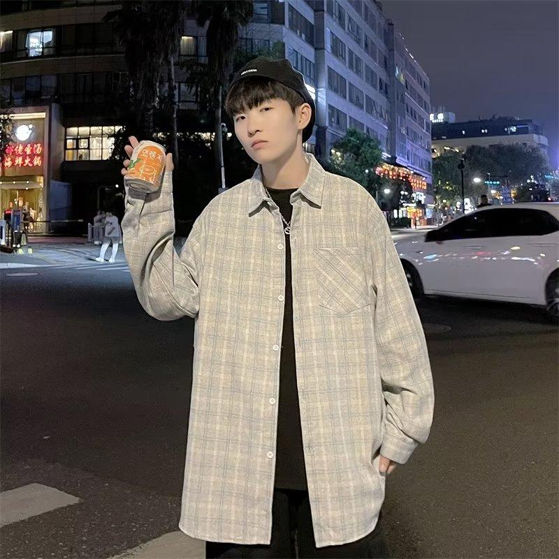 Autumn Shirt Men'S Korean Style Trendy Loose Checkered Shirt Jacket Long Sleeved Top