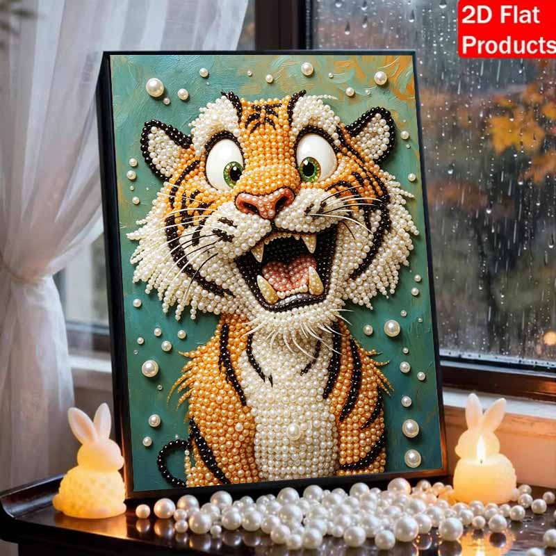 Sparkling Framed Pearl Painting Kit DIY with Cute Tiger Animal Design 3D Bead Art Canvas Ready To Display Home Wall Decor Gift Set for Crafts