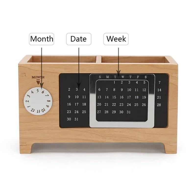 Multifunctional Wooden Desktop Organizer - Calendar & Pen Pencil Holder for Home Office