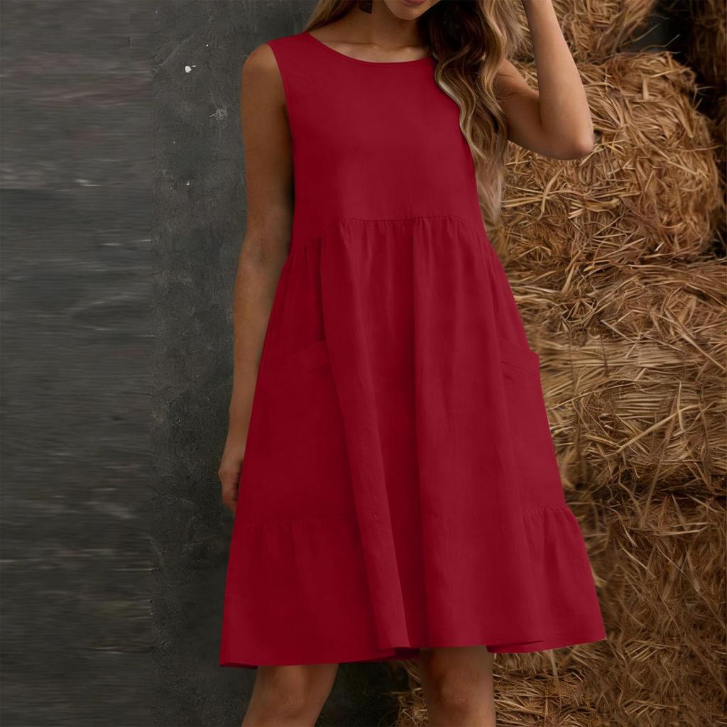 Women's Summer Casual Sleeveless Strappy Dress Linen A-Line Skirt