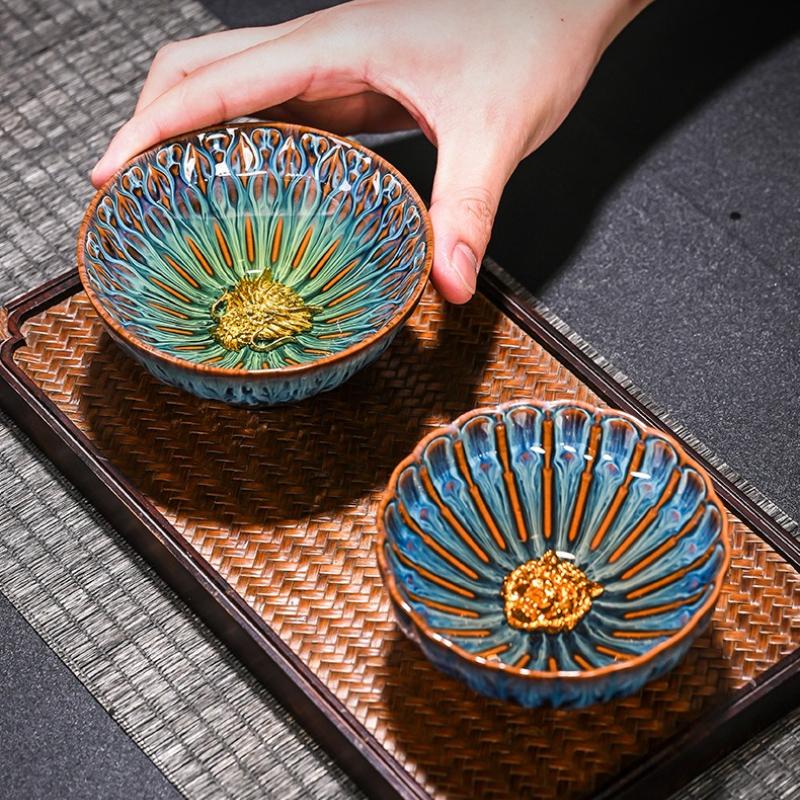 Ceramic Teacup Jian Ware Tea Cup Kiln Change Glaze Gold Silver Inlay Kung Fu Tea Set Home Decoration Gift