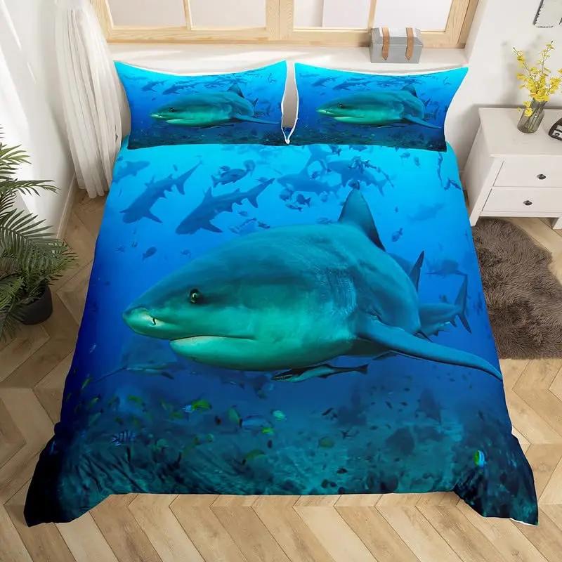 

2/3pcs Fish Duvet Cover Set Ocean Bedding Sets 3D Printed Underwater World With Shark Dolphin Coral Reef Pattern Quilt Cover Set US Twin(172x218cm)