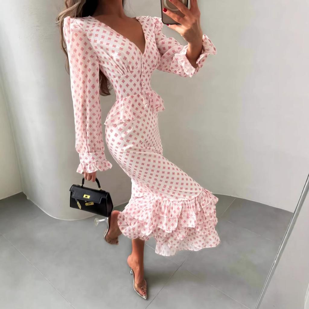 European and American Cross-border Women's Clothing 2026 Spring New Long-sleeved Horn-sleeved Ruffle Edge Printed V-neck Slim-fitting Temperament Dres