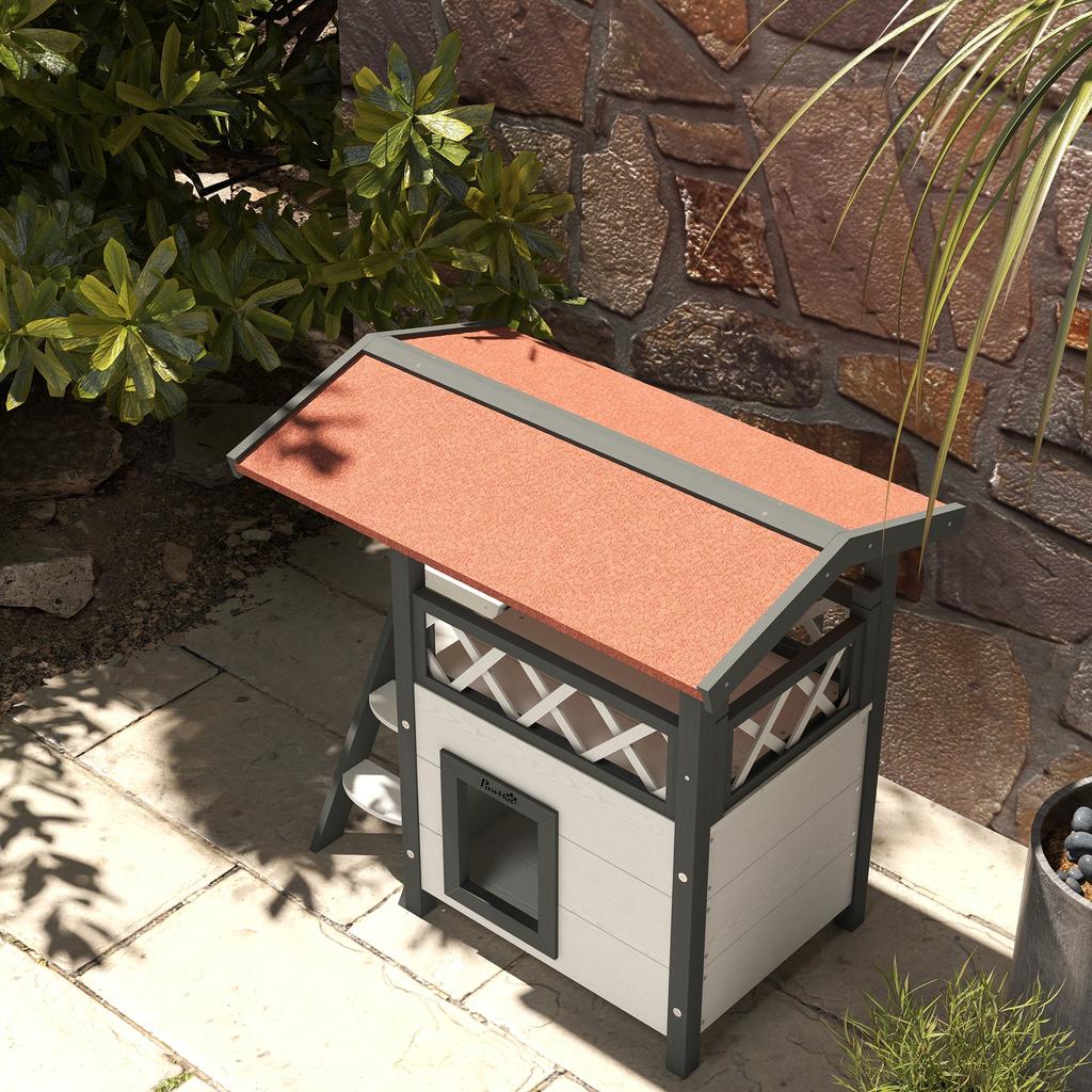Outdoor Cat House with Terrace, Stairs, Roof, 77 x 50 x 73 cm, White and Red