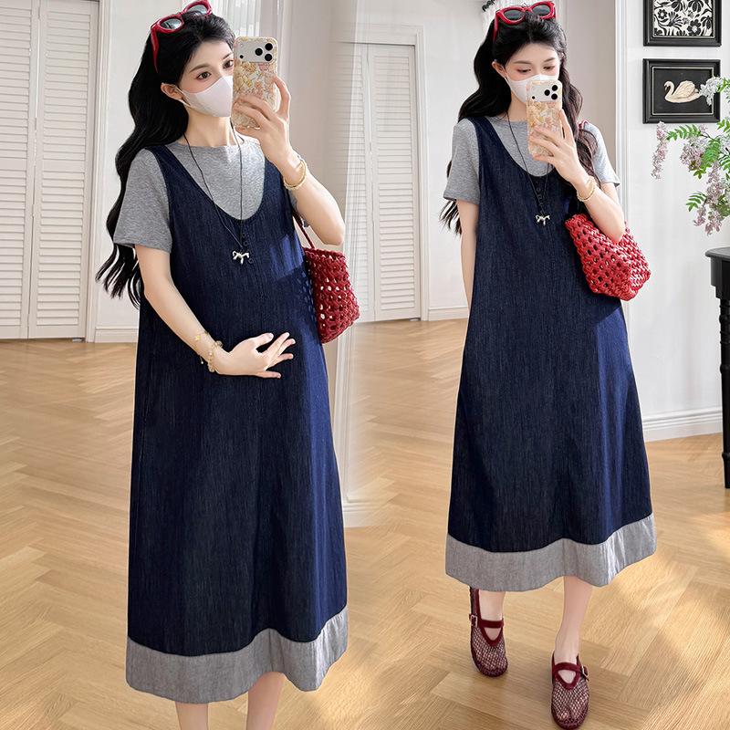 2026 Summer Comfort T-shirt & V-neck Denim Maternity Vest Dress Set Medium