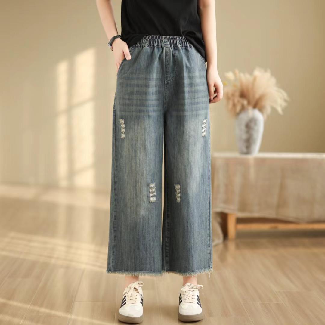 

Spring/Summer Women s High-Waist Embroidered Cotton Wide-Leg Jeans - Plus Size, Raw Edge, Casual Straight-Leg Pants XL