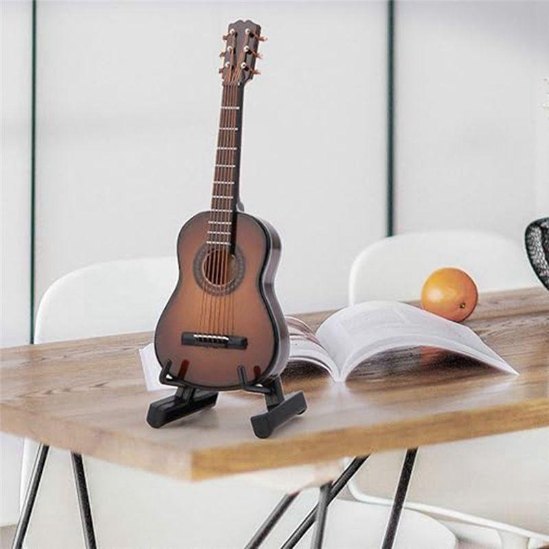 AEE2-Wooden Miniature Guitar With Stand And Case Mini Musical Instrument Miniature Doll House Model Home Decoration