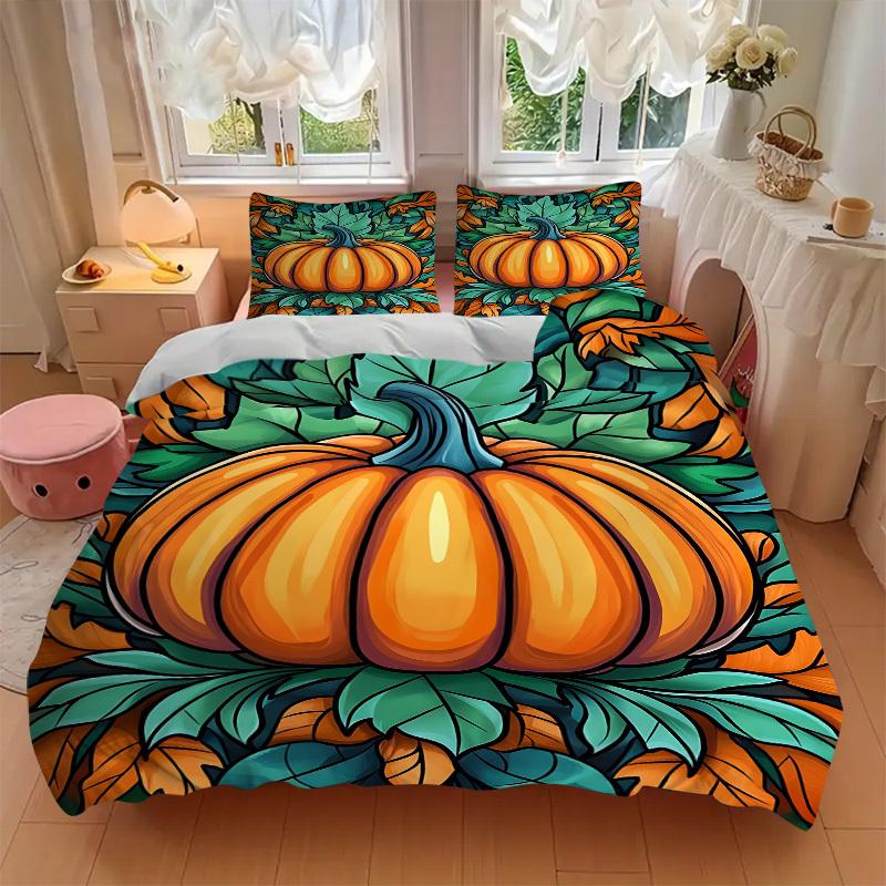 3pcs Pumpkin Halloween Bedding Set, Includes Without Pillow Inserts, Soft Comfortable Bedding Set,All-Season Use a0924087