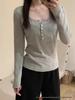 Women's Slim Fit Striped Button U-Neck Long Sleeve T-Shirt - American Retro Early Autumn 2025