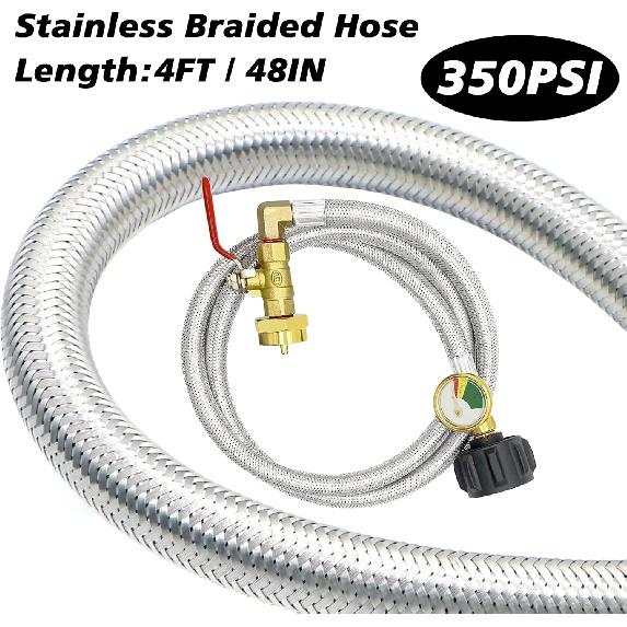 Upgraded 48" Stainless Braided QCC1 Type Inlet Propane Refill Adapter Hose Extension Propane Refill Hose with Gauge ON/Off Control Valve for 1LB