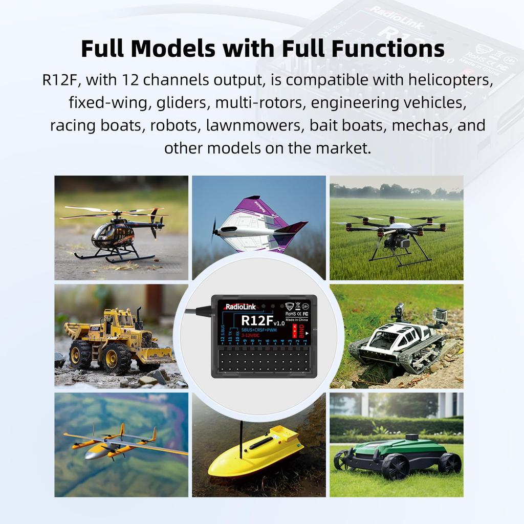 12-канальний приймач Radiolink R12F з дальністю керування 4 км та телеметрією напруги для дронів, літаків, реактивних літаків та автомобілів, сумісний з Radiolink