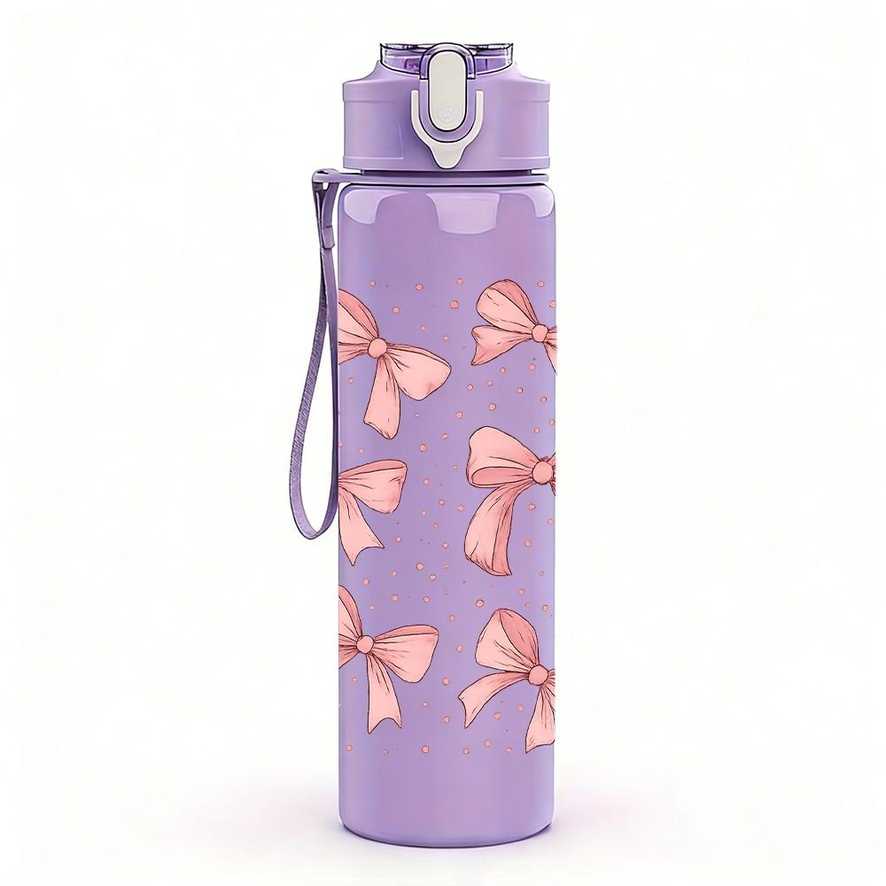 1PC Repeating Pink Bow Grid Texture 750ml Color Plastic Sports Water Bottle Leakproof Flip Straw Lid For Sports Office Home Use