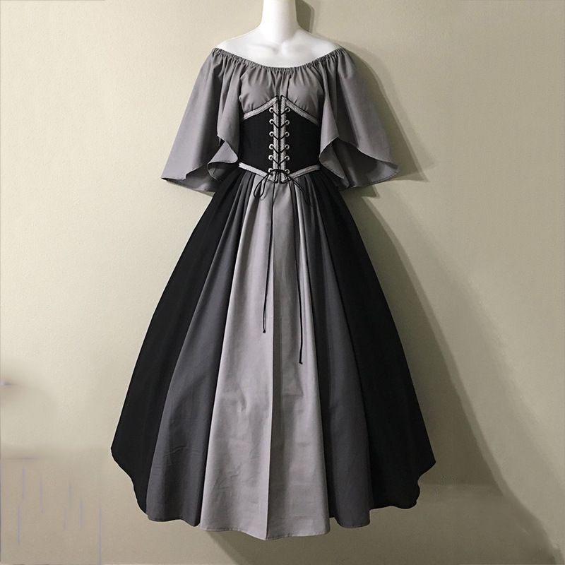 Medieval Retro Contrast Color Slim-fit Dress Feifei Sleeve Big Skirt Cos Costume Performance Stage Costume