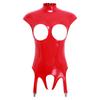 Womens Glossy Patent Leather Bodysuit Mock Neck Sleeveless Hollow Cup Open Crotch Leotard Garter Clips