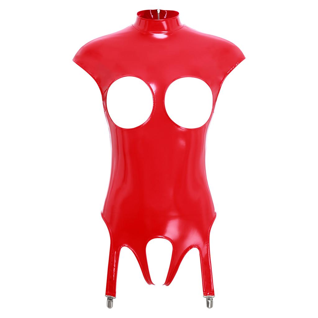 Womens Glossy Patent Leather Bodysuit Mock Neck Sleeveless Hollow Cup Open Crotch Leotard Garter Clips