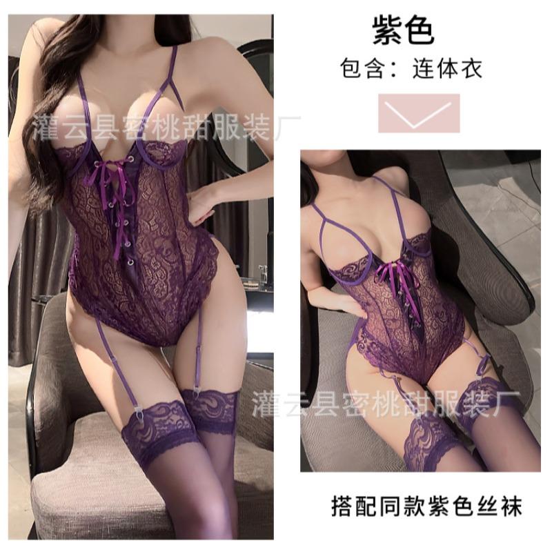 Sexy Lingerie Sexy Purple Perspective Suspender onesie Hot Hollow Couple Flirting Pajamas Uniform