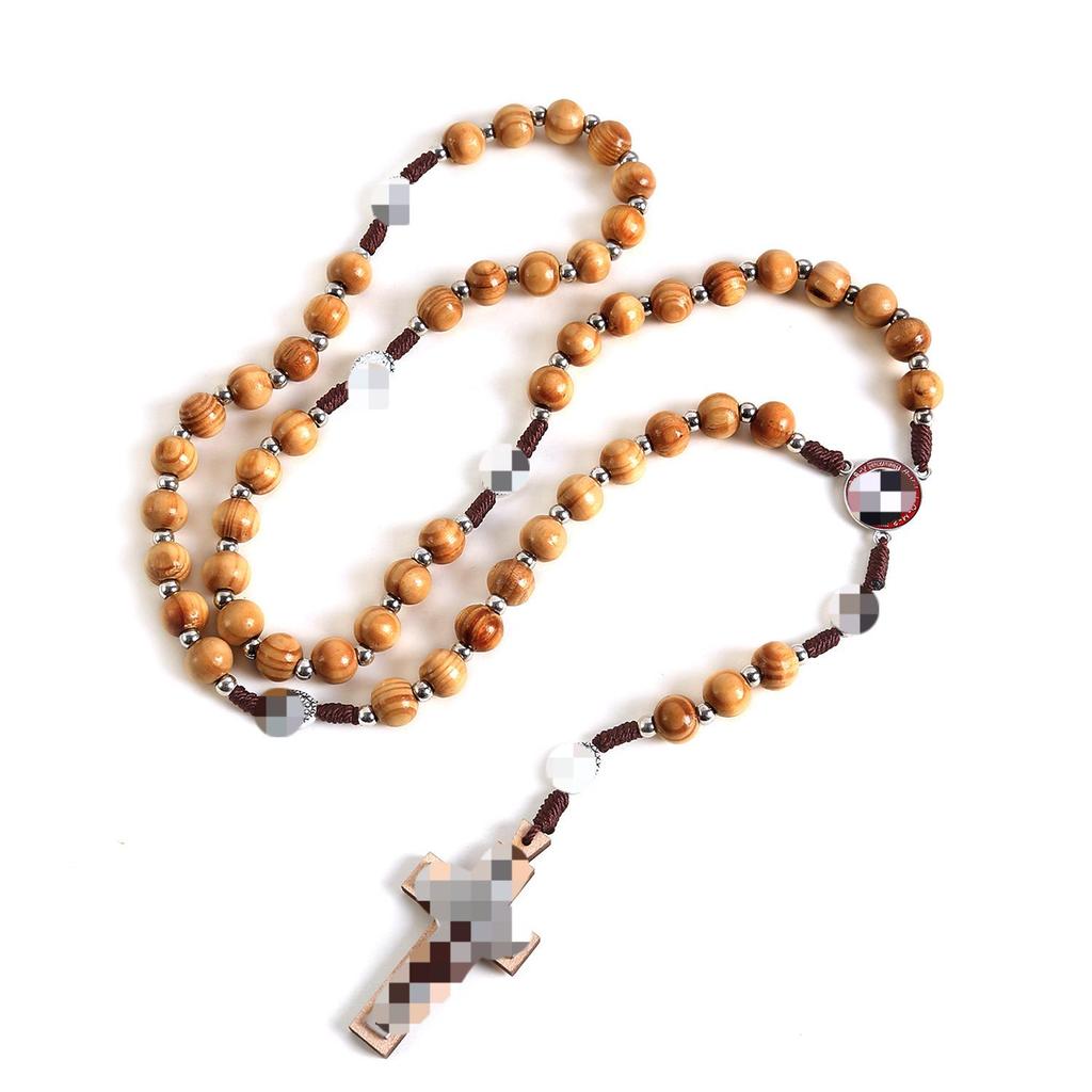 Handmade Woven Rosary Necklace with Cross, 10mm Pine & Imitation Olive Wood Beads
