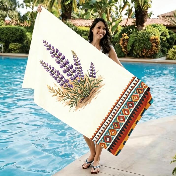 Large Microfiber Beach Towel,Boho Cactus & Tribal Border Print,Sand Free  Quick Dry,for Southwest Desert Themed Summer Beach Use