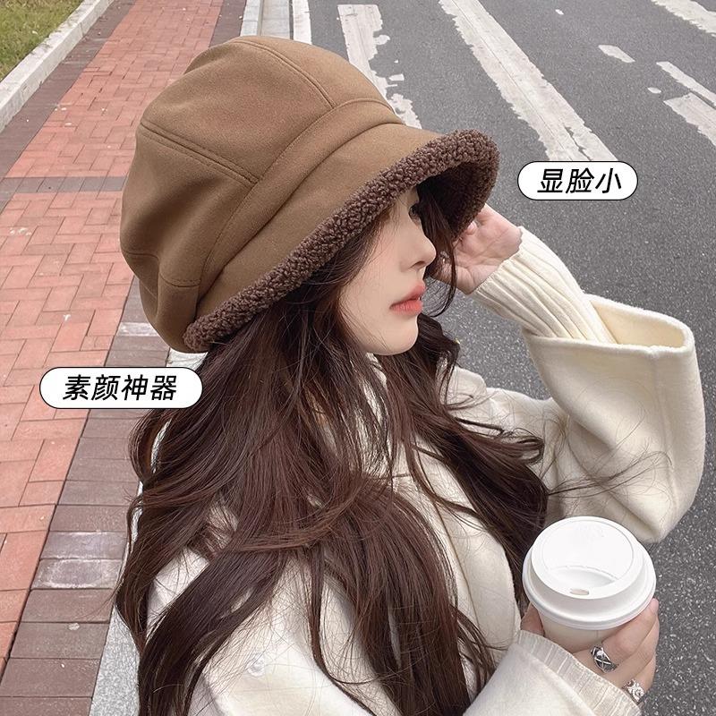Autumn and winter hat Women's bucket hat Fleece cold ear protection Internet celebrity basin hat Casual lamb wool star anise beret