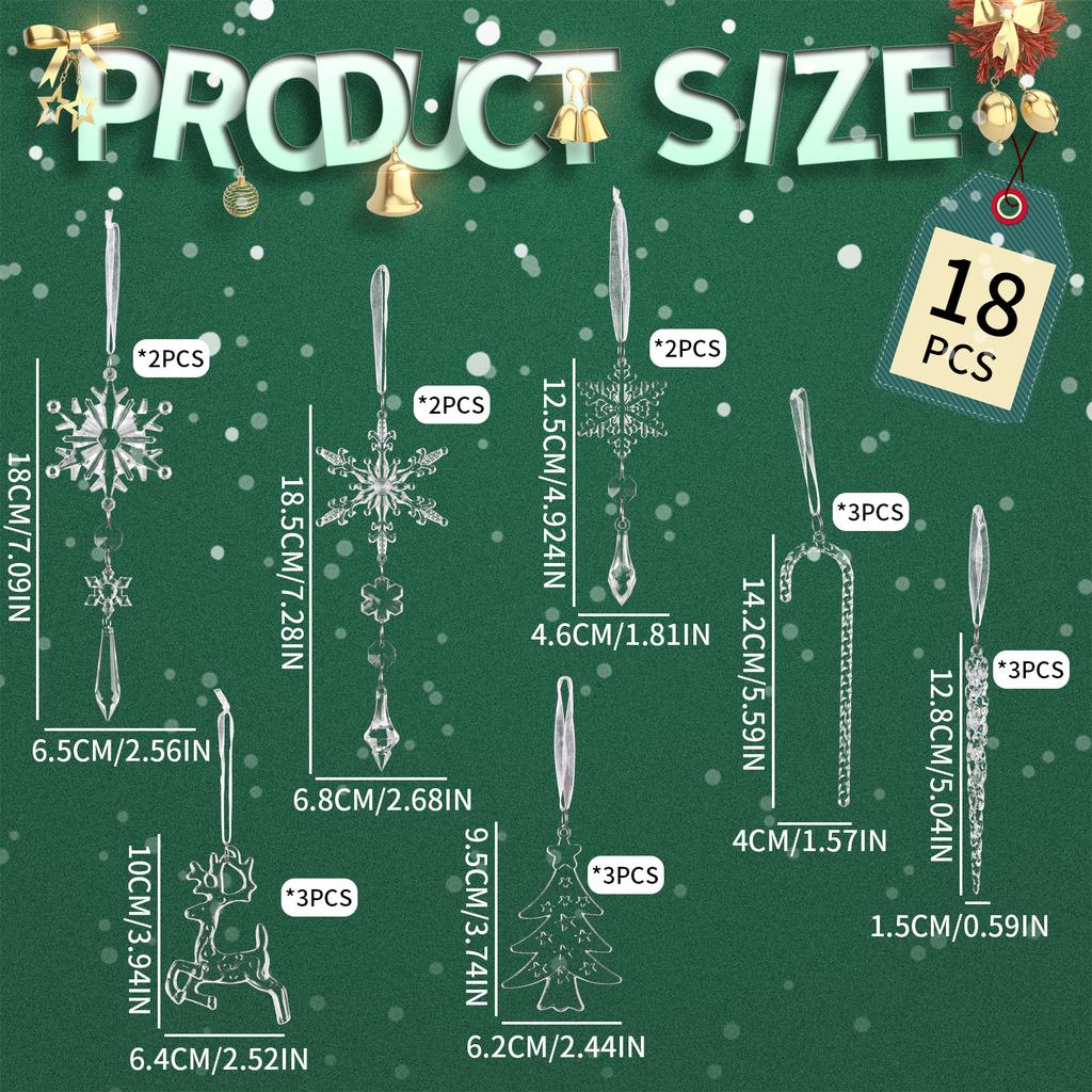 Acrylic Snowflake Icicle Ornaments Clear Hanging Christmas Tree Decorations Winter Holiday Decor Set 18PCS