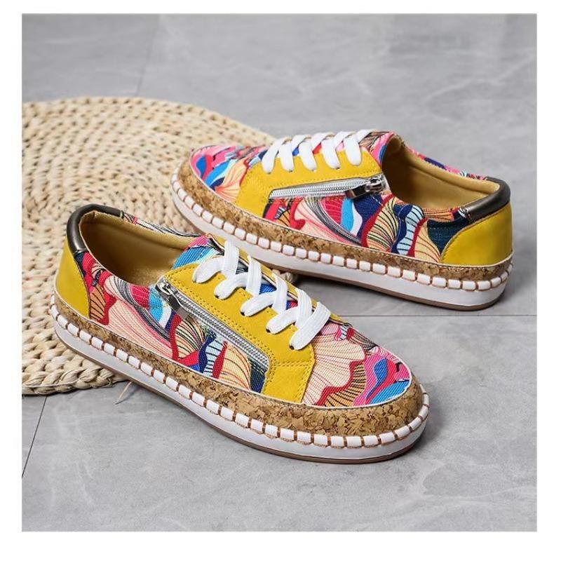 New Large Size Color Matching Casual Round Head Women's Single Shoes Lace-up Printing Platform-soled Sports Single Shoes Women