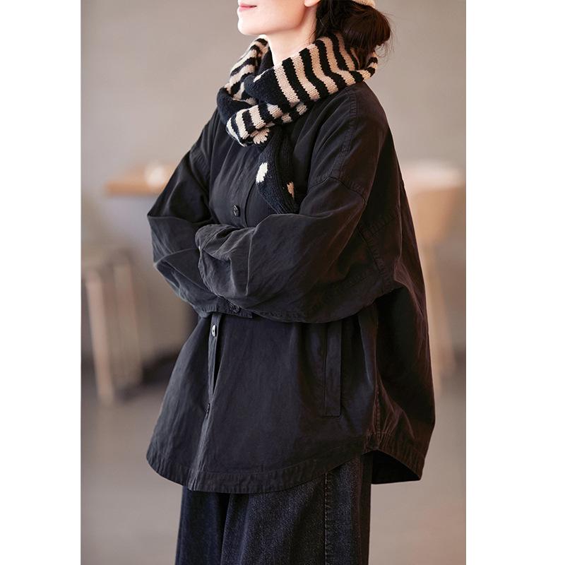 2024 Women s Retro Black Lapel Button-Down Long Sleeve Shirt Jacket L