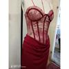 Women French Elegant Solid Lace Strapless Sling Slim Fit Evening Party Midi Dress