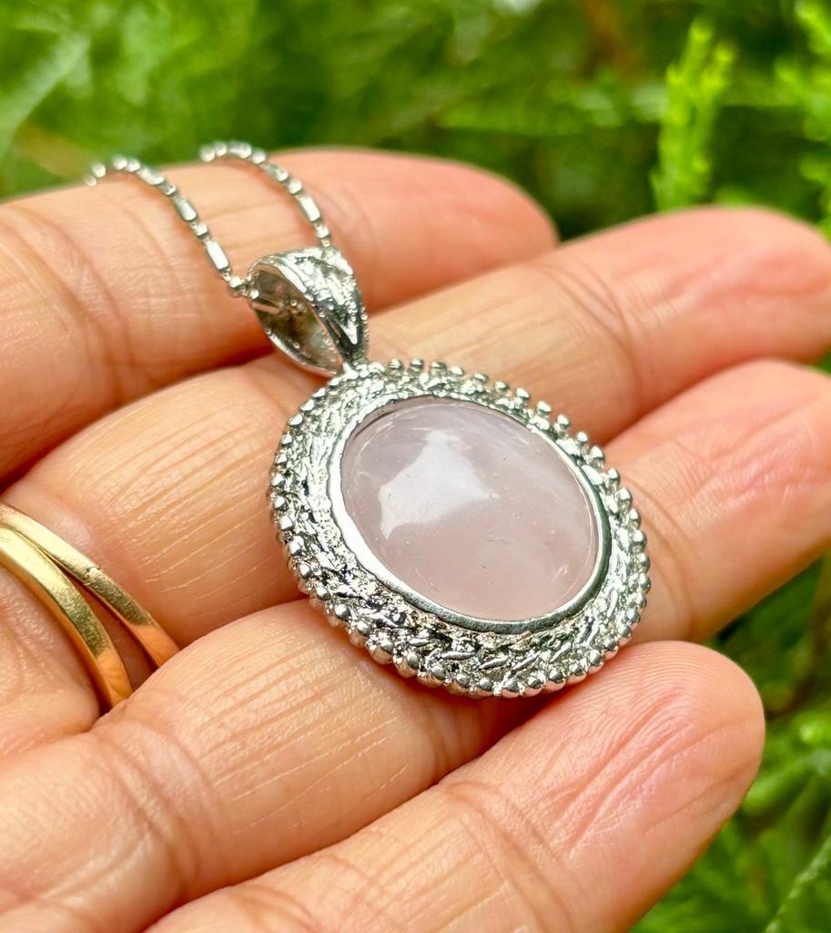 White Gold Filled Light Pink Rose Quartz Fashion Pendant, Locket, Natural Gemstone, with FREE ASSORTED CHAIN #4