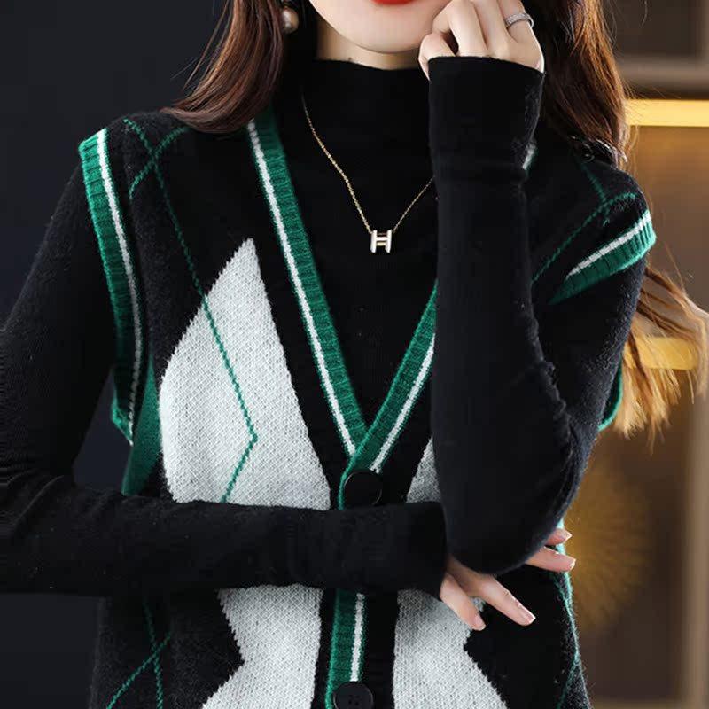 

Весна, осень и зима Женская мода Простая вставка с V-образным вырезом Контрастный клетчатый принт Этнический стиль Куртка для верховой езды Трикотажный жилет на бретелях S зелёный