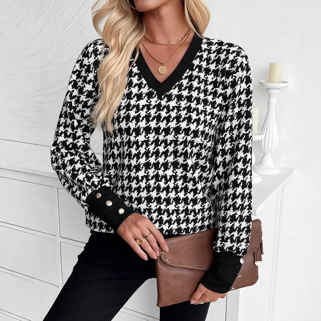 Spring Ladies Print Sweatshirt V Neck Long Sleeve T Shirt Top Women Fashion Daily Basic Office Lady Casual Slim Fit Ladies Elegant Long Sleeve Top