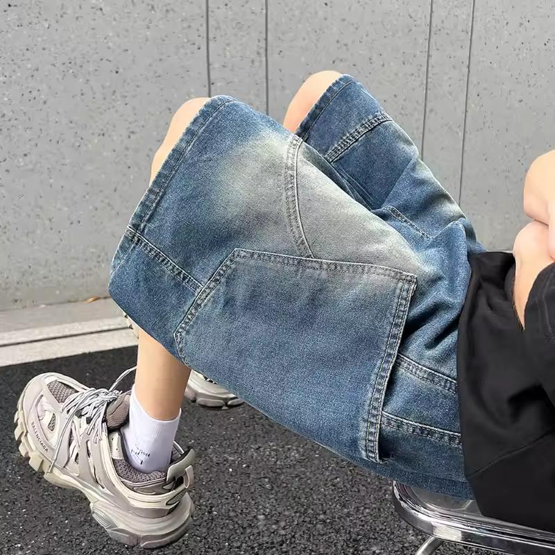 Men's Summer Relaxed Straight-Leg Denim Shorts Youth Cropped Shorts Washed Mid-Length Pants