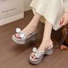 Bow Thick Bottom Heightening Slippers Female 2025 New Summer Wear Fashion Fairy Style Cool Slippers