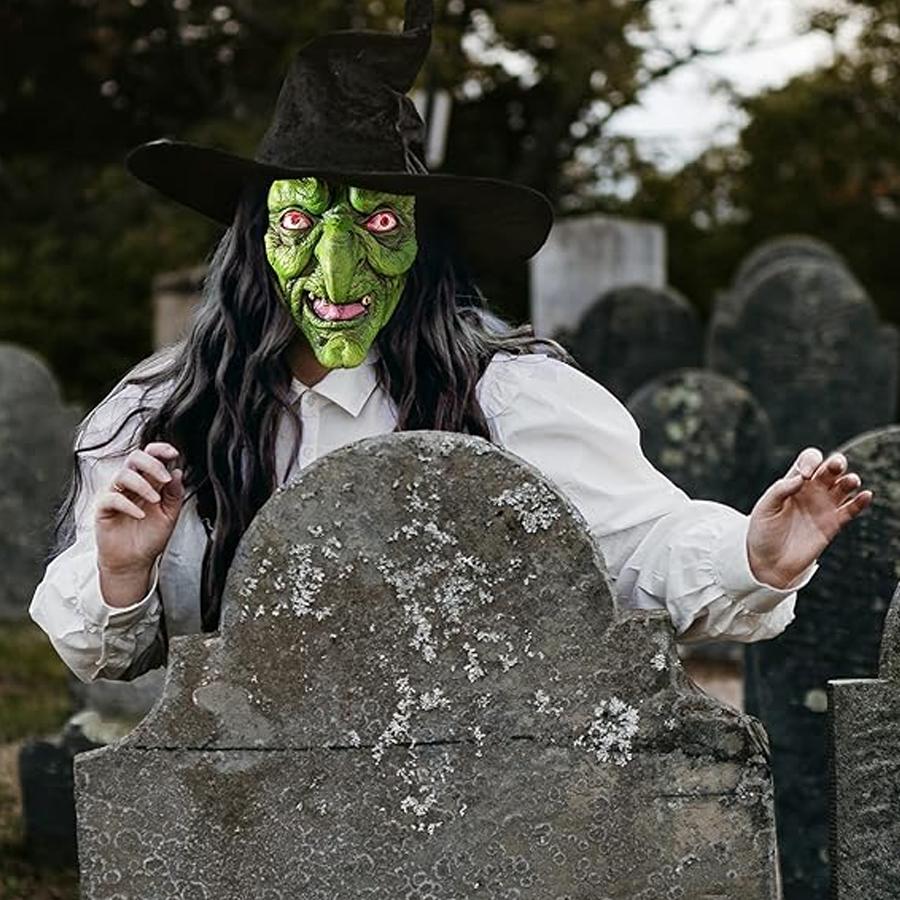 Scary Mask Halloween Horror Evil Mask, Wearing A Wig Hat Green Face Red Eyes Zombie Mask Evil Role-playing Props, Party Props