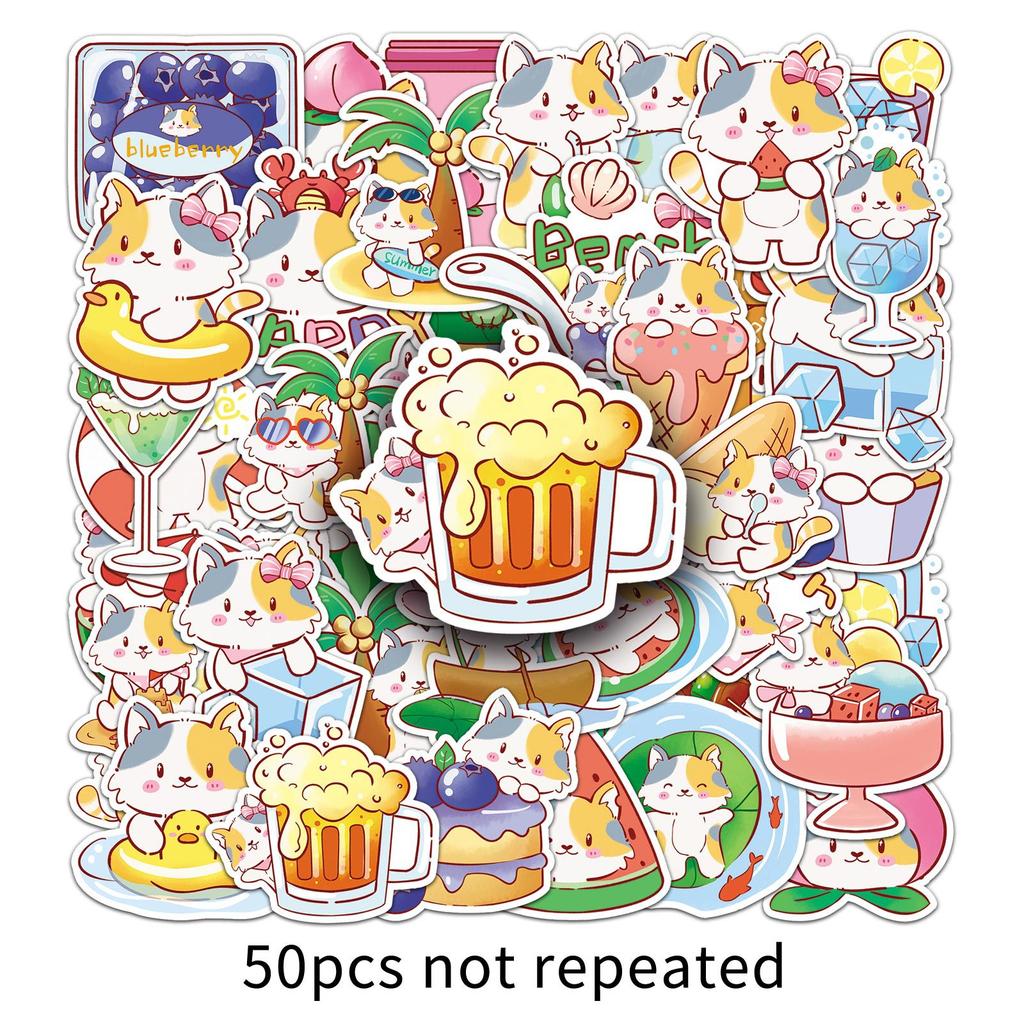 50 Summer Kitten Doodle Stickers Cartoon Cute Creative Decorative Water Cup Mobile Phone Small Mochi Stickers