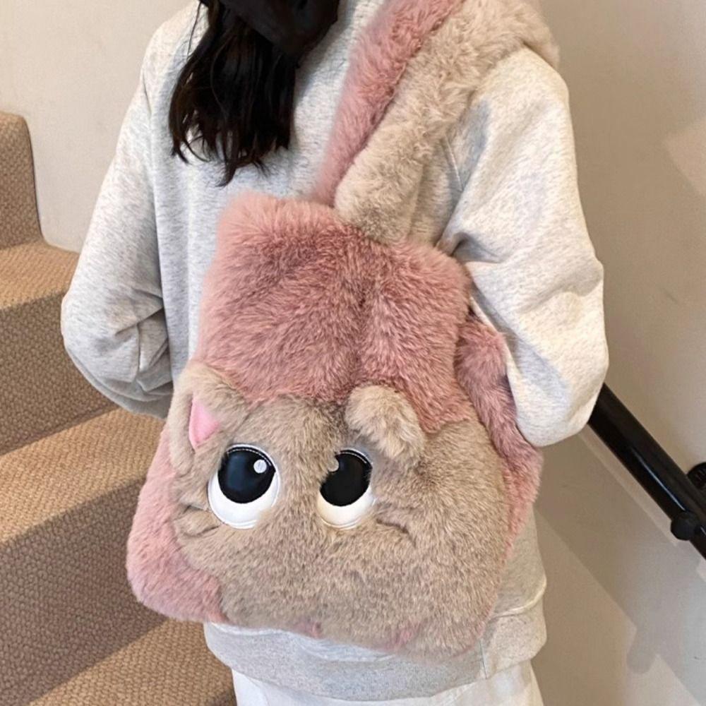 Handbag Cartoon Cat Shoulder Bag Large Capacity Furry Tote Bag Gifts Plush Bag  Autumn Winter