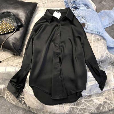 Yousheng Women Shirt Lapel Long Sleeve Commuter Casual Shirt Solid Color Loose Fit Smooth Satin Office Shirt Daily Wear