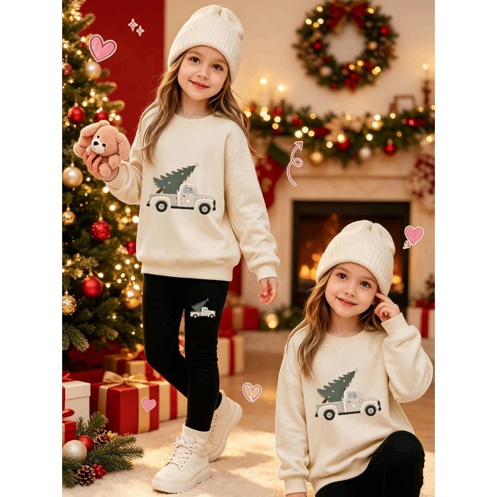 Girls' Christmas Truck Casual Comfortable Soft Loose Pullover Sweatshirt and Leggings 2-Piece Set, New Autumn/Winter, Playful, Sweet and Cool Style